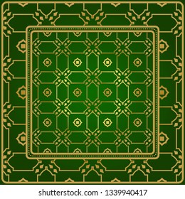 Background, Geometric Pattern With Ornate Lace Frame. Illustration. For Scarf Print, Fabric, Covers, Scrapbooking, Bandana, Pareo, Shawl. Green gold color.