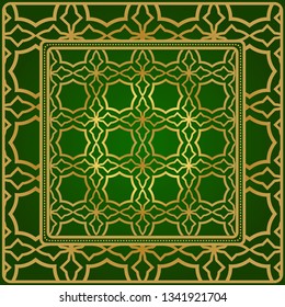 Background, Geometric Pattern With Ornate Lace Frame. Illustration. For Scarf Print, Fabric, Covers, Scrapbooking, Bandana, Pareo, Shawl. Green gold color.