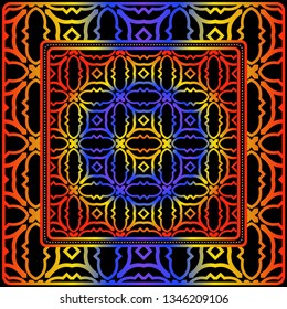 Background, Geometric Pattern With Ornate Lace Frame. Illustration. For Scarf Print, Fabric, Covers, Scrapbooking, Bandana, Pareo, Shawl.