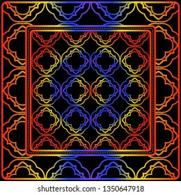 Background, Geometric Pattern With Ornate Lace Frame. Illustration. For Scarf Print, Fabric, Covers, Scrapbooking, Bandana, Pareo, Shawl.