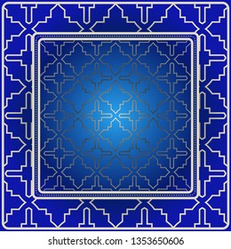 Background, Geometric Pattern With Ornate Lace Frame. Illustration. For Scarf Print, Fabric, Covers, Scrapbooking, Bandana, Pareo, Shawl. Blue silver color.