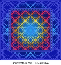 Background, Geometric Pattern With Ornate Lace Frame. Illustration. For Scarf Print, Fabric, Covers, Scrapbooking, Bandana, Pareo, Shawl