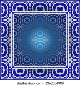 Background, Geometric Pattern With Ornate Lace Frame. Illustration. For Scarf Print, Fabric, Covers, Scrapbooking, Bandana, Pareo, Shawl. Blue silver color.