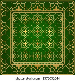 Background, Geometric Pattern With Ornate Lace Frame. Illustration. For Scarf Print, Fabric, Covers, Scrapbooking, Bandana, Pareo, Shawl. Green gold color.