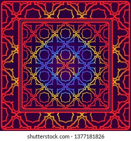 Background, Geometric Pattern With Ornate Lace Frame. Illustration. For Scarf Print, Fabric, Covers, Scrapbooking, Bandana, Pareo, Shawl.