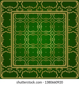 Background, Geometric Pattern With Ornate Lace Frame. Illustration. For Scarf Print, Fabric, Covers, Scrapbooking, Bandana, Pareo, Shawl. Green gold color.