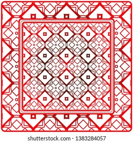 Background, Geometric Pattern With Ornate Lace Frame. Illustration. For Scarf Print, Fabric, Covers, Scrapbooking, Bandana, Pareo, Shawl.