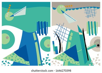 Background from geometric patterns in a primitive style. Illustration with abstract landscape for printing on fabric or postcards. Two options in a vertical arrangement.