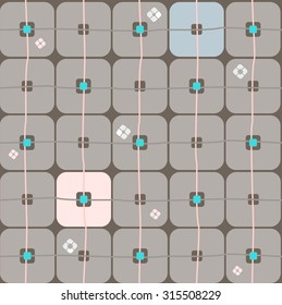 Background, geometric, seamless, large grey squares on a gray. Geometric pattern of large gray and small squares, green squares. Color, seamless, flat background for print and textile prints. 