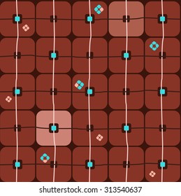 Background, geometric, seamless, large red-brown squares. On a brown background large brown and pink squares, small squares and thin strips. For print and textile prints. 