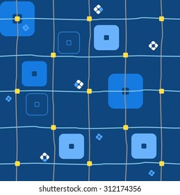 Background, geometric, seamless, squares and stripes, blue. Geometric, seamless pattern. Large blue squares on a dark blue background. For textile prints and printing. 