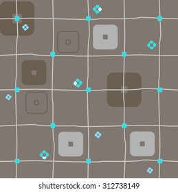 Background, geometric, seamless, squares and stripes, gray. On a gray background depicts a large grey and brown squares, small squares and intersecting thin strips.  