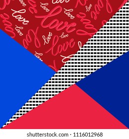 Background with geometric shapes, the design of the 80s - vector illustration. In retro memphis group style card. Words love inscriptions.