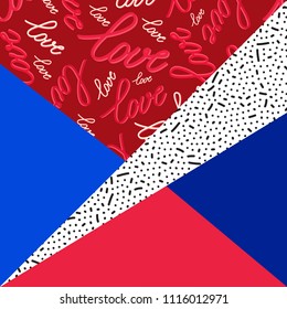Background with geometric shapes, the design of the 80s - vector illustration. In retro memphis group style card. Words love inscriptions.