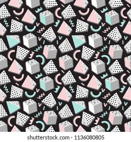 Background with geometric shapes, the design of the 80s - vector illustration. In retro memphis group style seamless