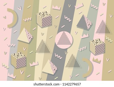 Background with geometric shapes, the design of the 80s - vector illustration. In retro memphis group style card. abstract background with vertical stripes