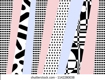 Background with geometric shapes, the design of the 80s - vector illustration. In retro memphis group style card. abstract background with vertical stripes