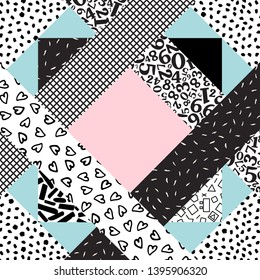 Background with geometric shapes, the design of the 80s - vector illustration. In retro memphis group style card. Squares rectangles with different textures original design.