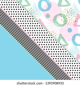 Background with geometric shapes, the design of the 80s - vector illustration. In retro memphis group style card. Triangles texture brush.