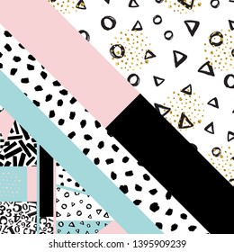 Background with geometric shapes, the design of the 80s - vector illustration. In retro memphis group style card. Triangles texture brush.
