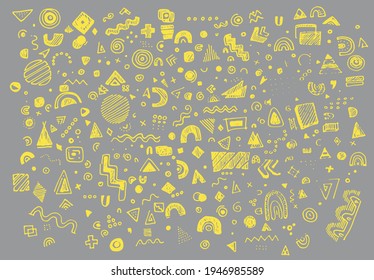background of geometric shapes drawn by hand in the style of doodles fashionable colors pantone 2021 gray and yellow abstract vector background. circles triangles dots in the style of Memphis