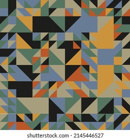 Nahtloser abstrakter Hintergrund geometrischer Formen haotisches Muster. Geometrisches Mosaik der Dreiecke, abstrakte Vektorgrafik, extreme Sportstil-Illustration, Textur für Textilstoffe