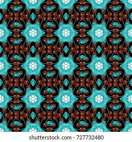 Background of geometric shapes and Mandalas in brown, green and black colors. Mosaic seamless pattern. Vector illustration.
