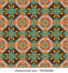 Background of geometric shapes and Mandalas in brown, blue and orange colors. Mosaic seamless pattern. Vector illustration.