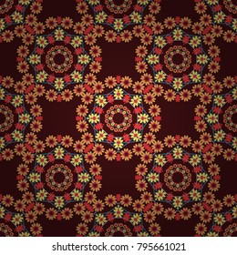 Background of geometric shapes and Mandalas in brown, orange and red colors. Mosaic seamless pattern. Vector illustration.