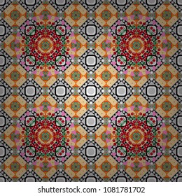 Background of geometric shapes and Mandalas in gray, white and beige colors. Mosaic seamless pattern. Vector illustration.