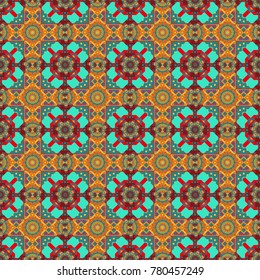 Background of geometric shapes and Mandalas in red, blue and orange colors. Mosaic seamless pattern. Vector illustration.