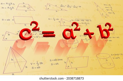 Background for a geometry presentation. Drawings and formulas for geometry. Vector illustration of a set of geometry drawings located in an isometry with a reflection of the volumetric formula.