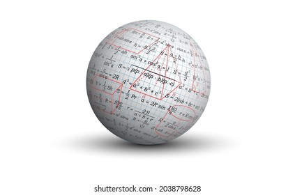 Background for a geometry presentation. Drawings and formulas for geometry on an isolated ball. A white three-dimensional sphere with a graphic image of the paper texture and a set of formulas.
