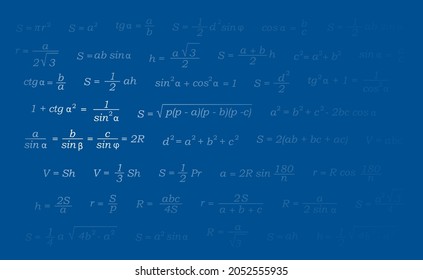 Background for a geometry presentation. Geometry equations. Vector illustration of geometric equations arranged on a blue background with variable illumination.