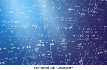 Background for a geometry presentation. Formulas for geometry in isometry. Abstract vector illustration is a set of formulas and drawings for geometry located in an isometry on blue.