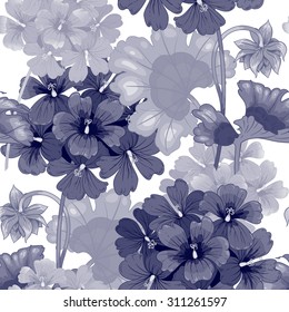 Background with geranium flowers. Seamless pattern. Illustration victorian style. Vintage. Vector. Designs for textiles, interior, curtains, upholstery fabrics, paper, wallpaper. Black and white.