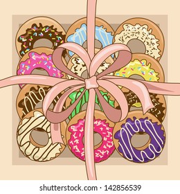 Background with gift box of colorful sprinkle donuts