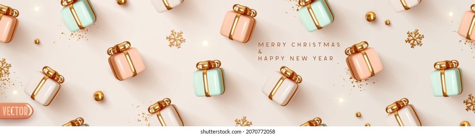 Background with gift box pastel soft pink and blue, white colors. Christmas and New Year horizontal pattern gifts boxes. Realistic 3d design elements. Festive banner, web poster, header for website.