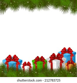 Background with gift boxes and branches of Christmas tree, illustration.