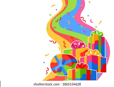 Fondo con cajas de regalo. Exposiciones coloridas para celebración, descuentos o promociones.