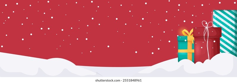 Fondo con cajas de regalo en la nieve y el cielo rojo decorado con la nieve que cae. Ilustración vectorial adecuada para tarjetas de invierno, invitaciones de Nuevo año o publicidad navideña.