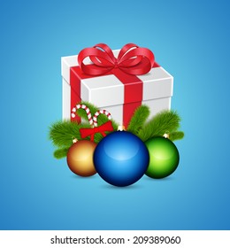 Background with gift and christmas balls. EPS10 vector