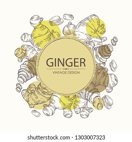 Background with ginger: root and pice of ginger, Vector hand drawn illustration