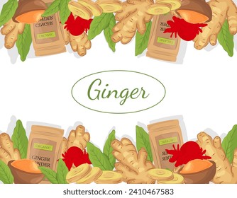 Background with ginger root set, flower, ginger powder ina pack and in a bowl, and sliced ginger. Isolated vector illustration.