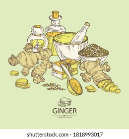 Background with ginger: ginger root and slise ginger. Oil, soap and bath salt . Cosmetics and medical plant. Vector hand drawn illustration