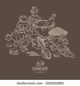 Background with ginger: ginger root and slise ginger. Oil, soap and bath salt . Cosmetics and medical plant. Vector hand drawn illustration