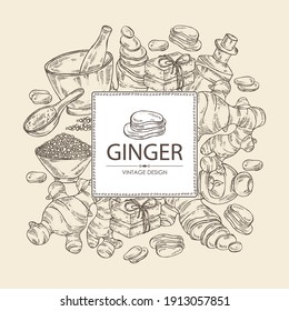 Background with ginger: ginger root and slise ginger. Oil, soap and bath salt . Cosmetics and medical plant. Vector hand drawn illustration