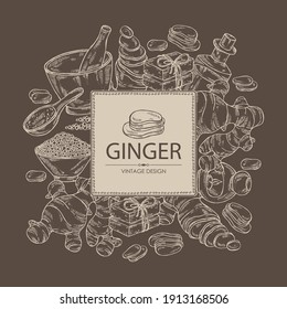 Hintergrund mit Ingwer: Ingwer-Wurzel und Slise-Ingwer. Öl, Seife und Badesalz. Kosmetika und medizinische Anlagen. handgezeichnete Vektorgrafik