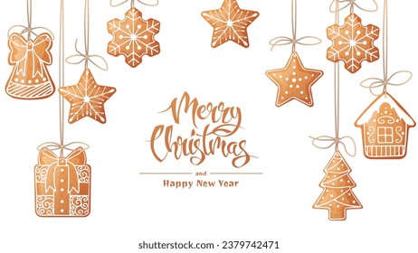 Background with gingerbread cookies hanging on strings. Christmas banner with gingerbread cookies on isolated background. Suitable for design of greeting cards, banners, posters, flyers