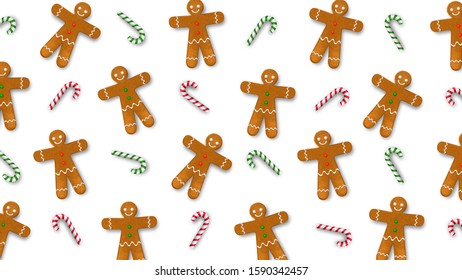 Background with gingerbread man and candy cane. Vector illustration